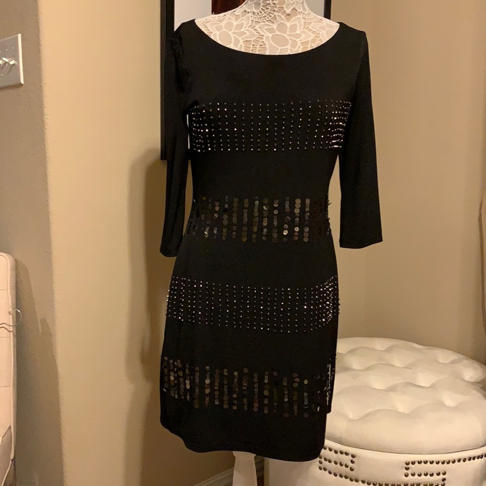 WHBM poly stretch dress w/ subtle sequin stripes.